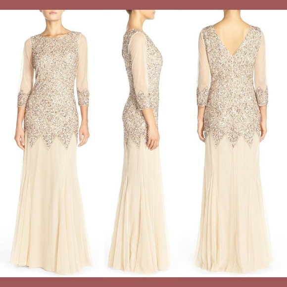 NWT JS Collections [ 4 ] Long Sleeve Embellished Tulle‎ Gown Champagne - Picture 1 of 12